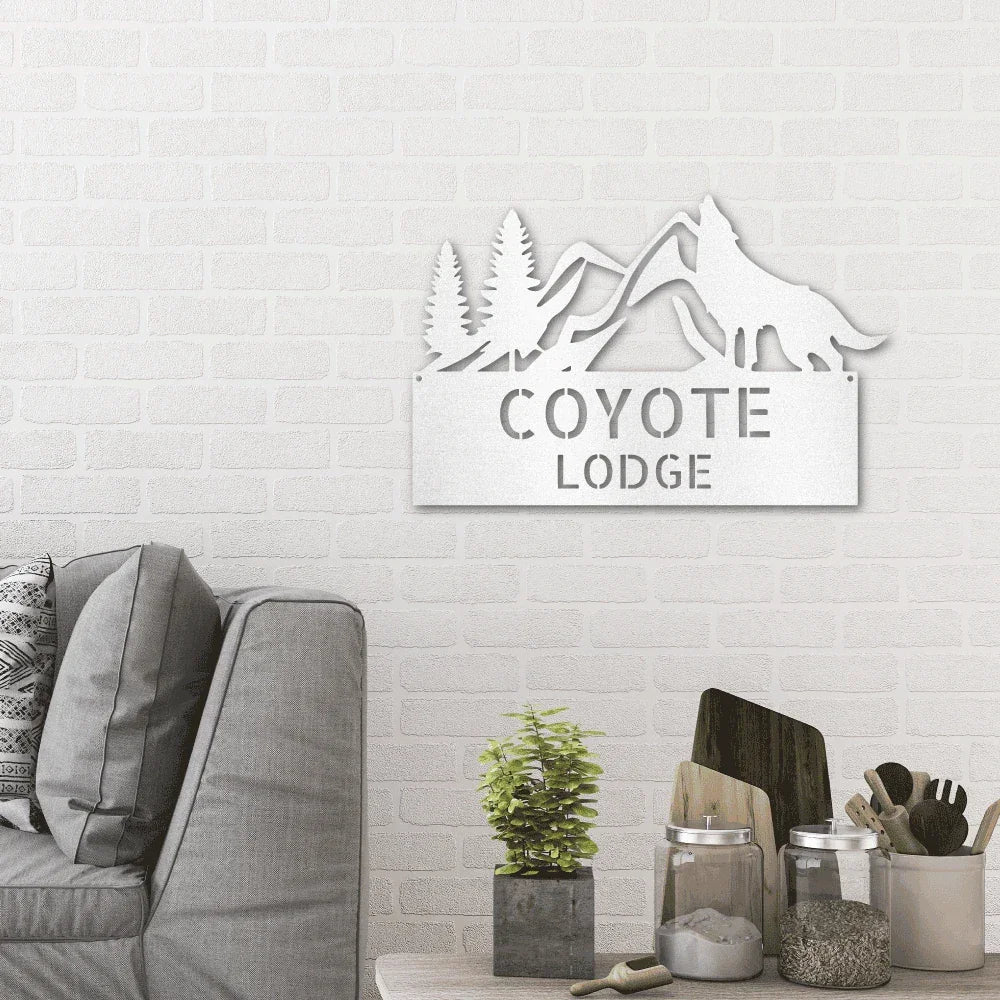 Coyote and Mountains Custom Name Metal Wall Sign
