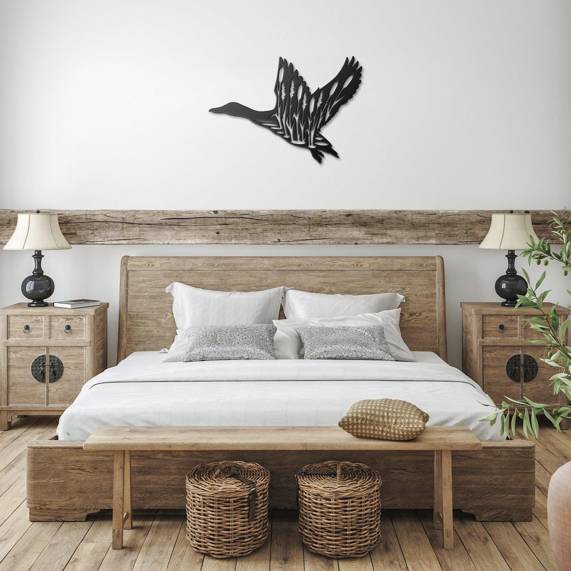 Duck in Flight with Cattails Metal Art Wall Sign - Mallard Moon Gift Shop