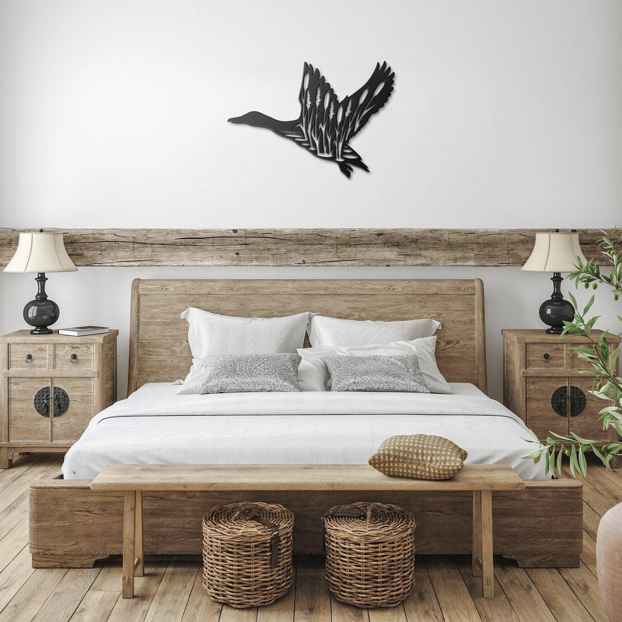 Duck in Flight with Cattails Metal Art Wall Sign