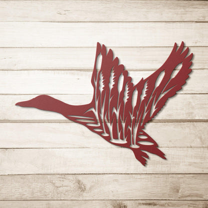 Duck in Flight with Cattails Metal Art Wall Sign - Mallard Moon Gift Shop