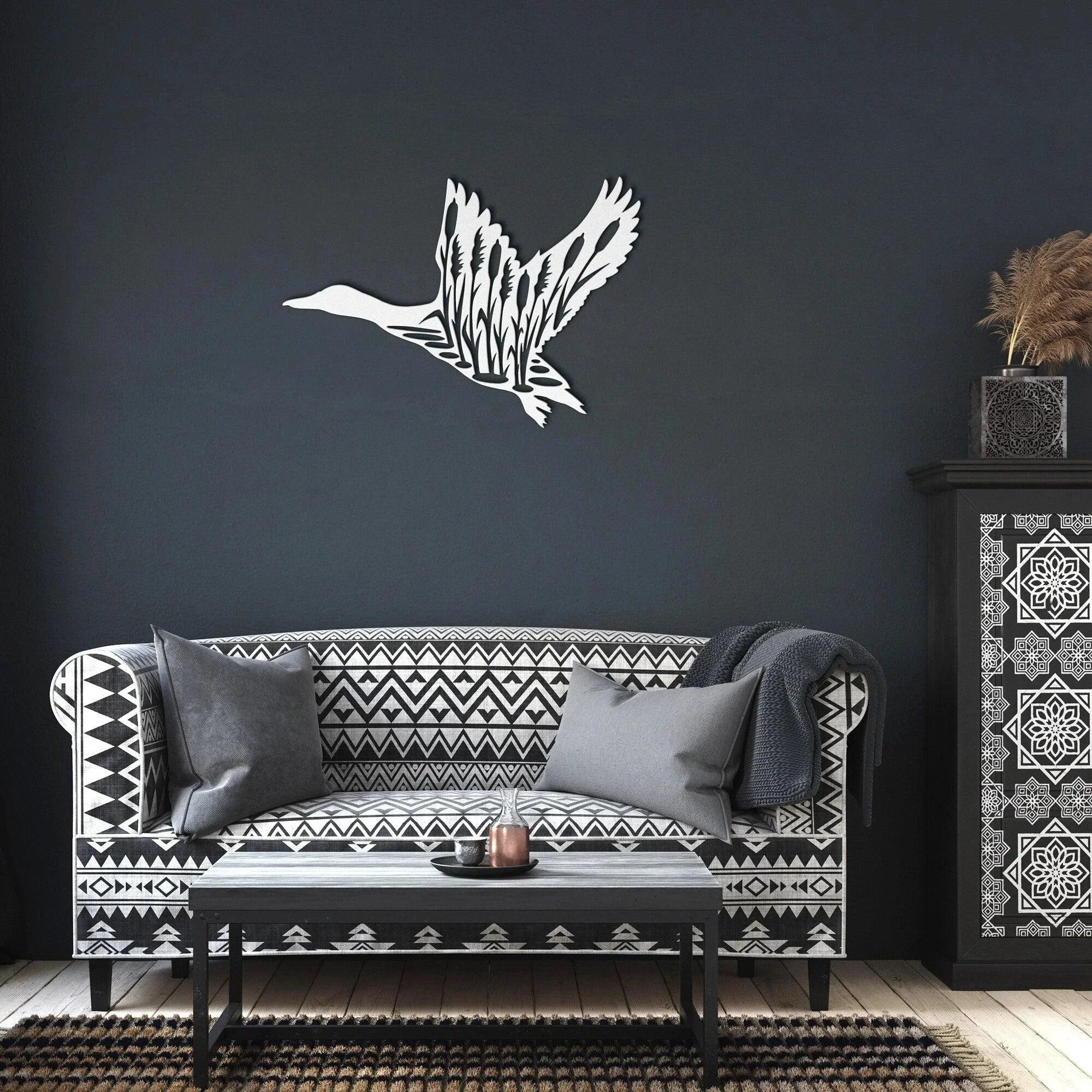 Duck in Flight with Cattails Metal Art Wall Sign