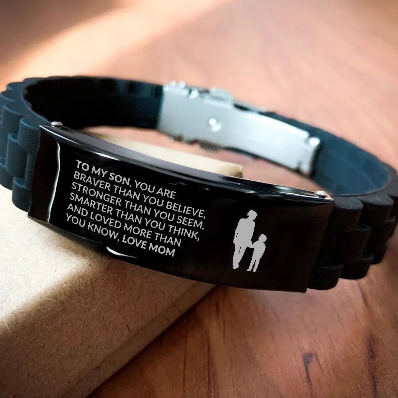 Gift for Son - Black Engraved Stainless Steel Bracelet