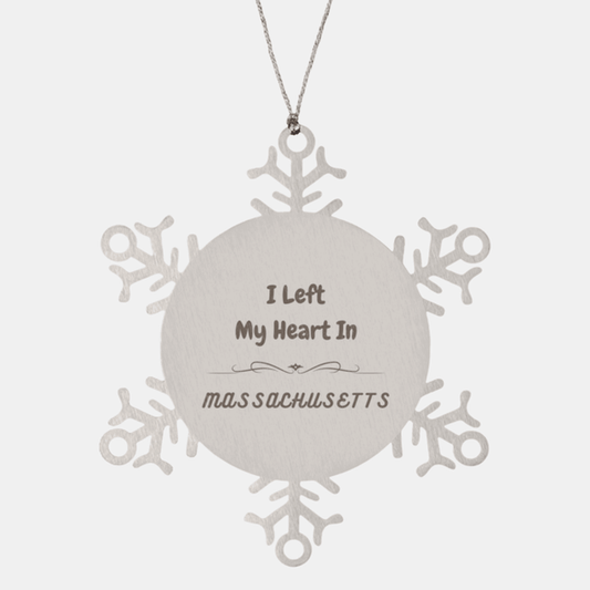 I Left My Heart In Massachusetts Gifts, Meaningful Massachusetts State for Friends, Men, Women. Snowflake Ornament for Massachusetts People