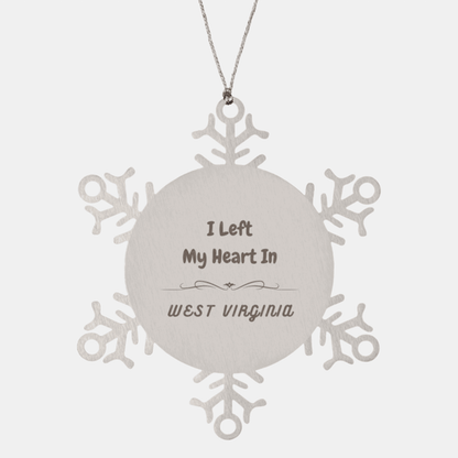 I Left My Heart In West Virginia Gifts, Meaningful West Virginia State for Friends, Men, Women. Snowflake Ornament for West Virginia People