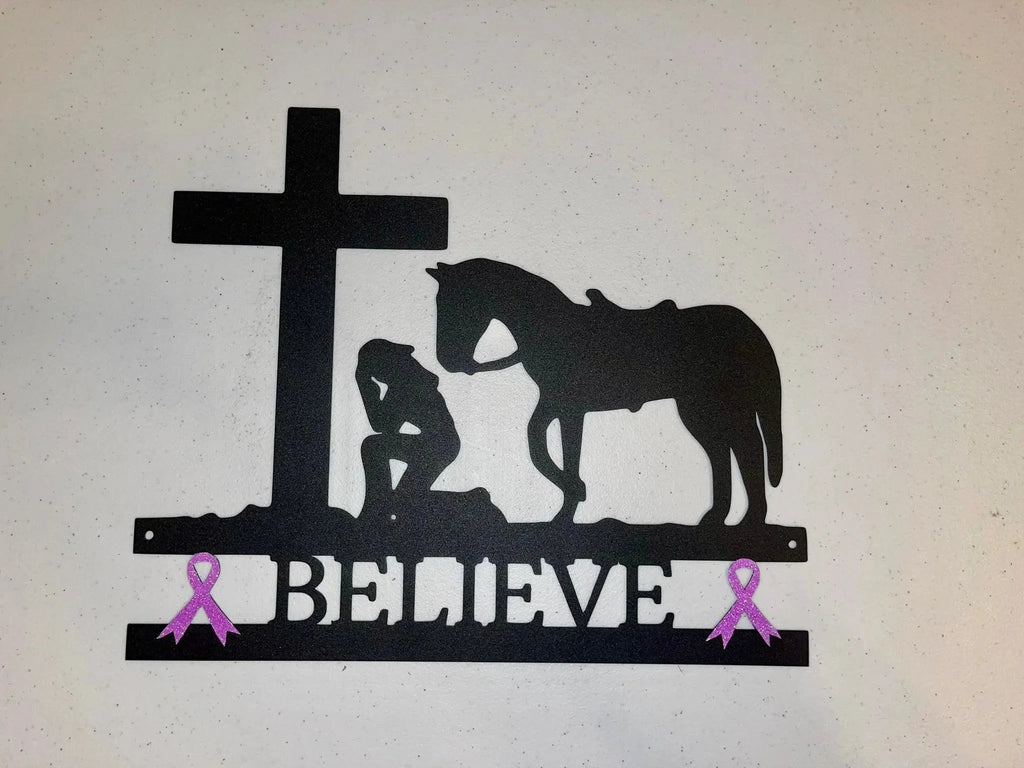 Cancer Ribbon Believe Cowgirl Kneeling at Cross Metal Art