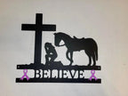 Cancer Ribbon Believe Cowgirl Kneeling at Cross Metal Art