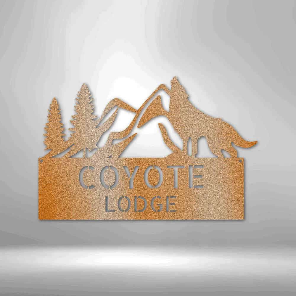 Coyote and Mountains Custom Name Metal Wall Sign