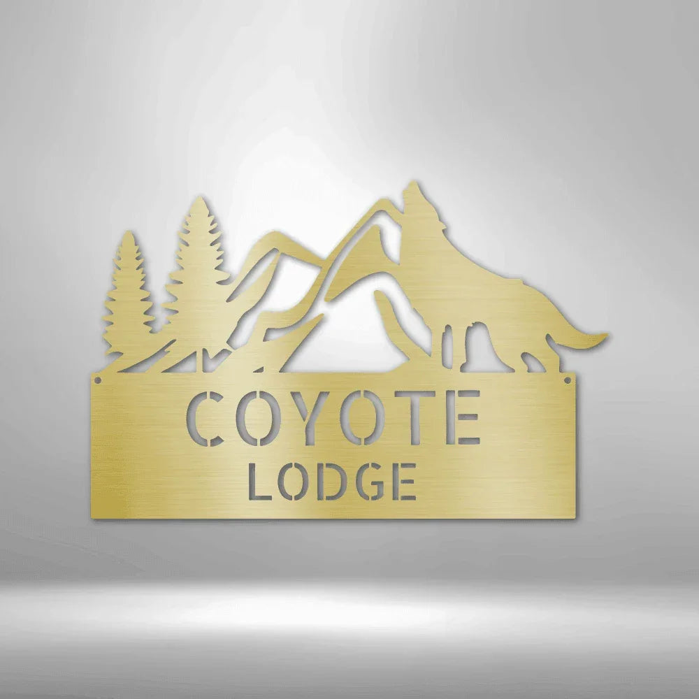 Coyote and Mountains Custom Name Metal Wall Sign