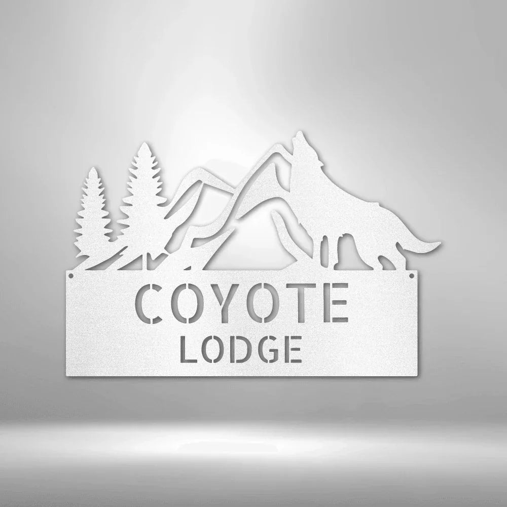 Coyote and Mountains Custom Name Metal Wall Sign