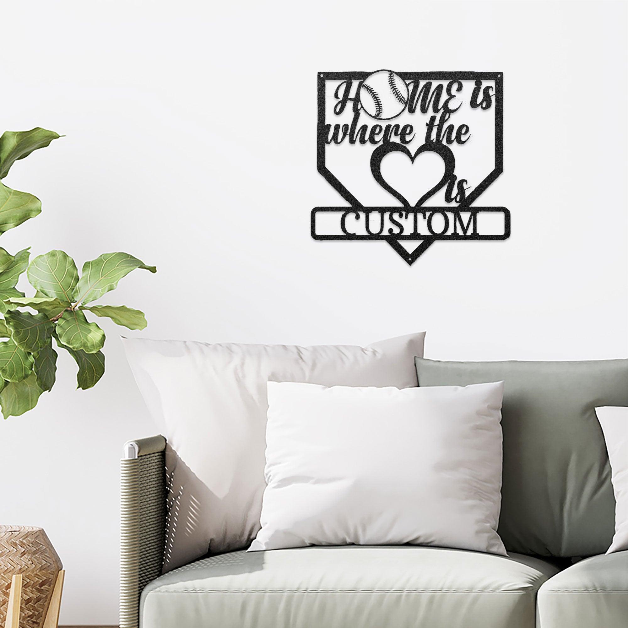 Baseball Home Is Where the Heart Is Custom Name Metal Art Wall Sign - Mallard Moon Gift Shop
