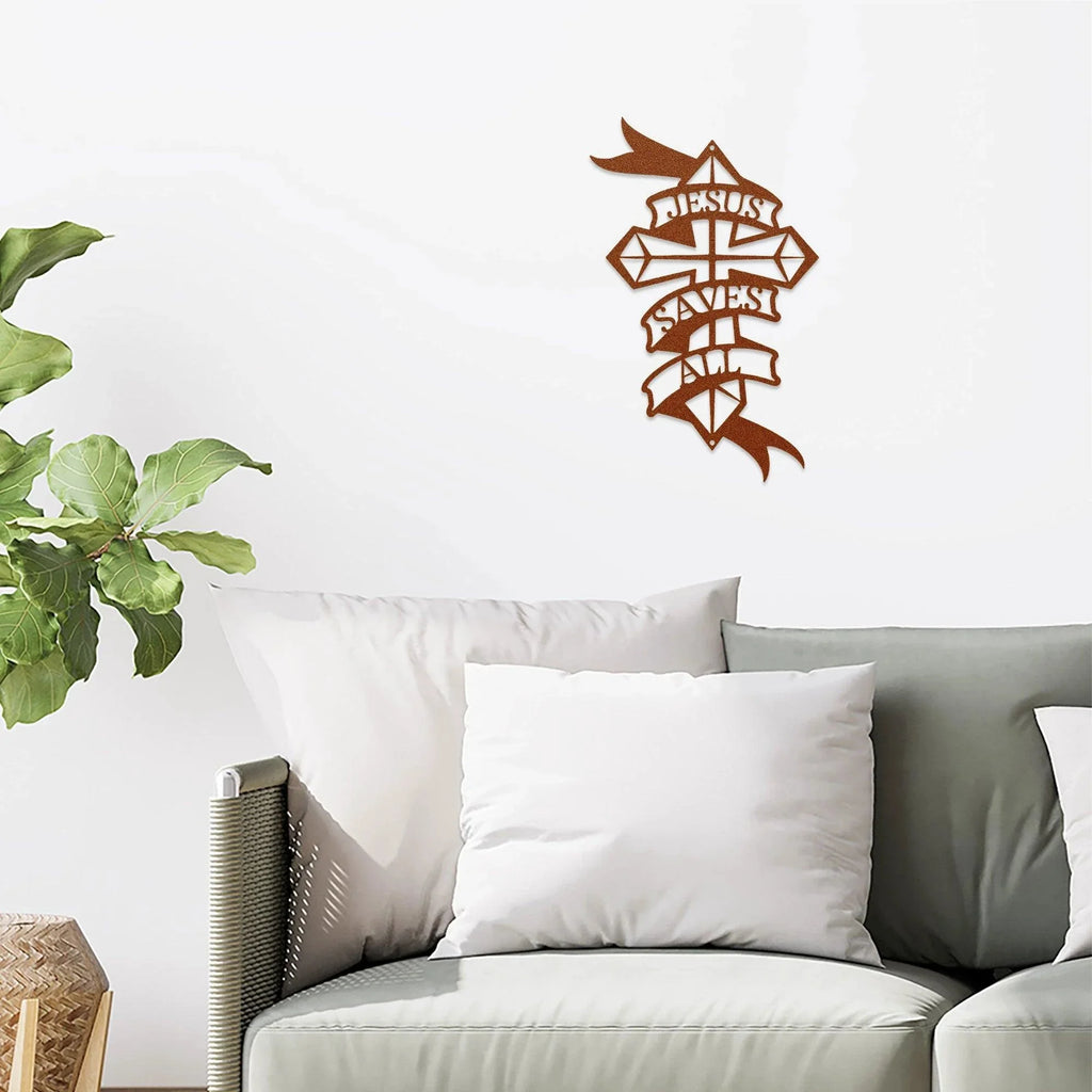 Jesus Saves All Cross Metal Art Wall Sign