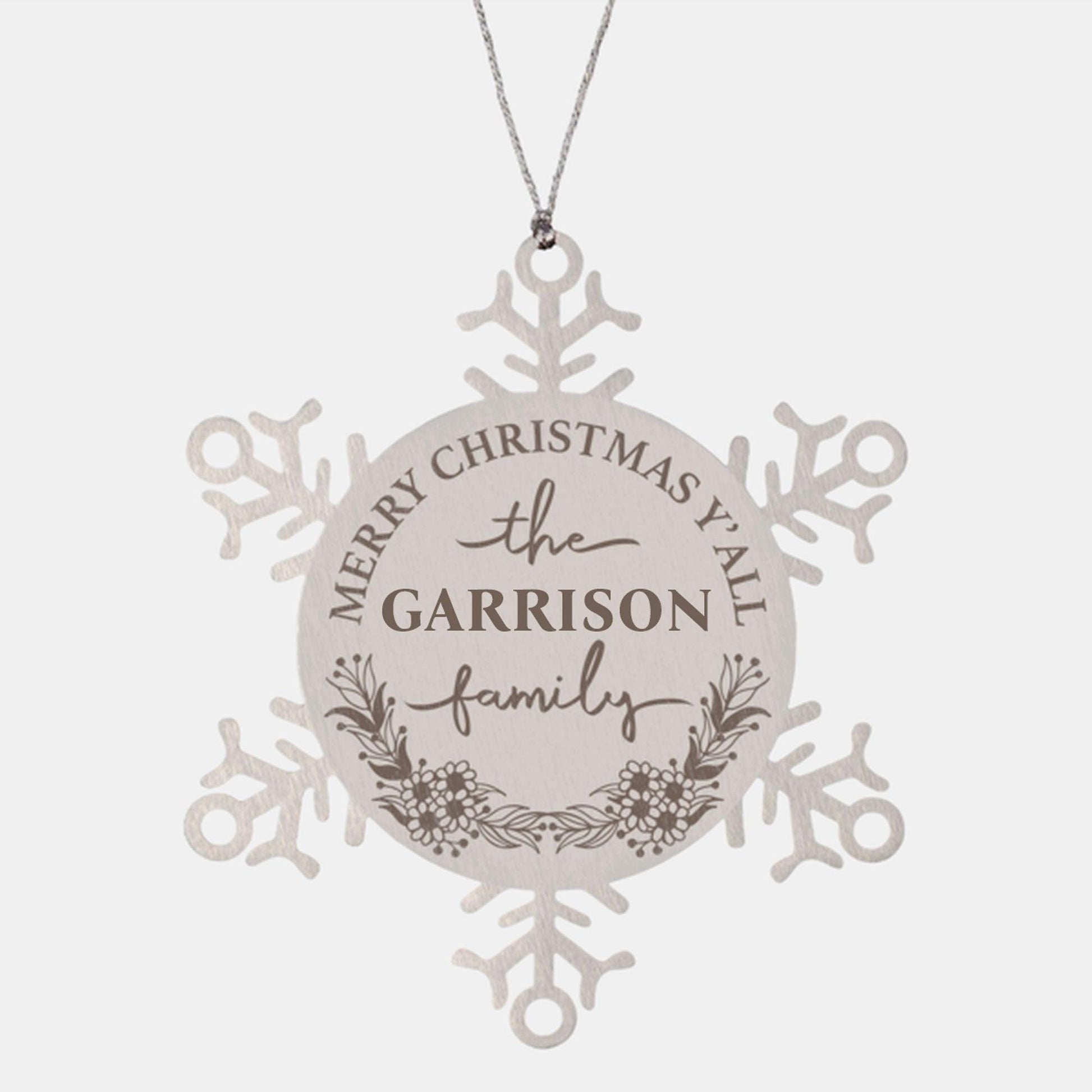 Personalized Merry Christmas Y'all Stainless Steel Laser Engraved Snowflake Tree Ornament - Mallard Moon Gift Shop
