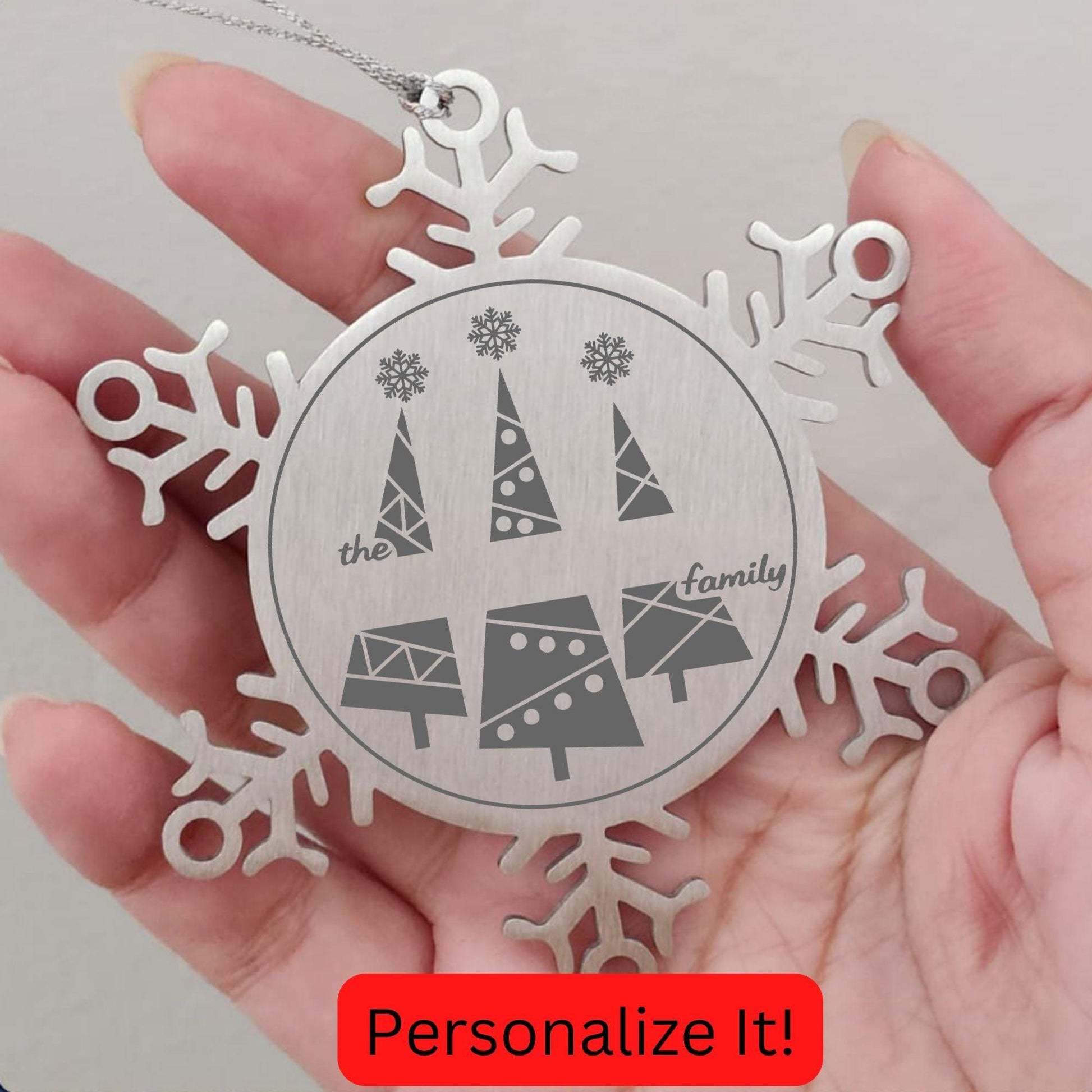 Personalized Snowflake Christmas Tree Ornament Family Name Laser Engraved Stainless Steel Keepsake - Mallard Moon Gift Shop