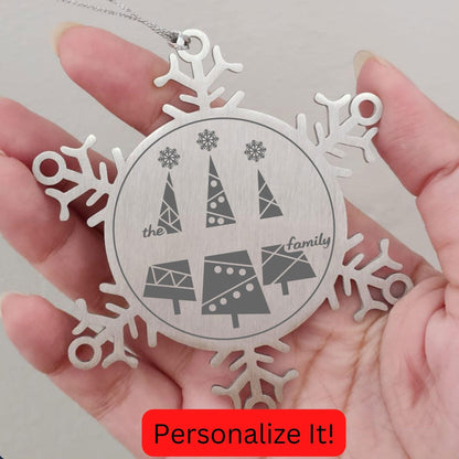 Personalized Snowflake Christmas Tree Ornament Family Name Laser Engraved Stainless Steel Keepsake - Mallard Moon Gift Shop