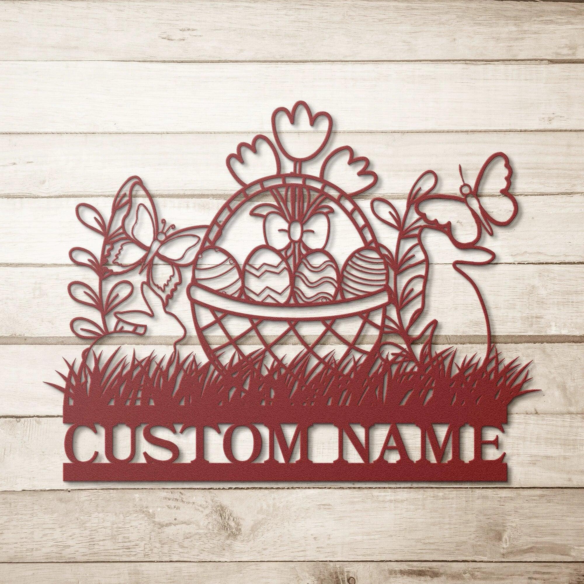 Personalized Easter Basket Bunny Rabbit Metal Art Wall Sign
