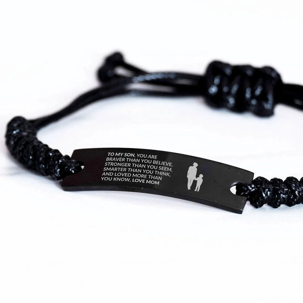 Gift for Son Handmade Black Engraved Braided Rope Bracelet