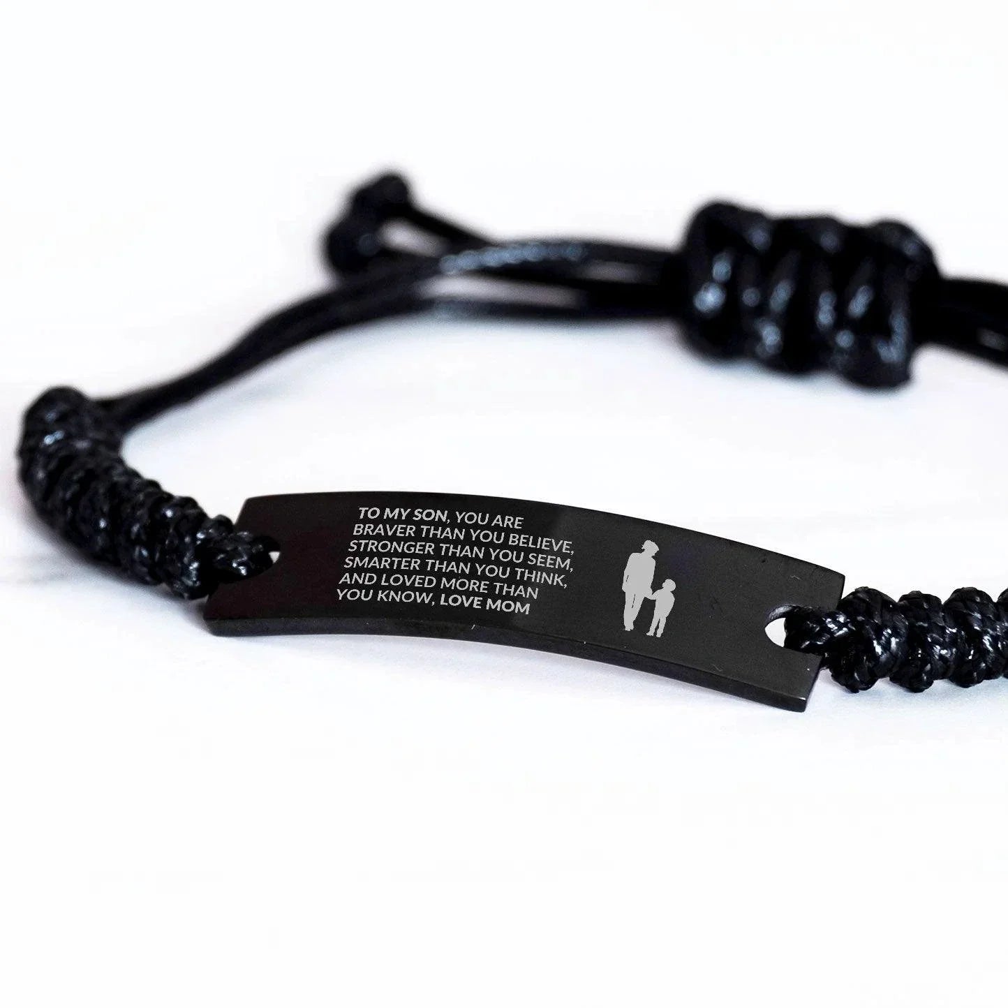 Gift for Son Handmade Black Engraved Braided Rope Bracelet