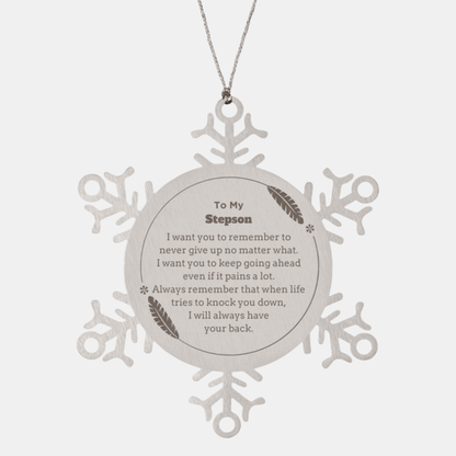 To My Stepson Gifts, Never give up no matter what, Inspirational Stepson Snowflake Ornament, Encouragement Birthday Christmas Unique Gifts For Stepson