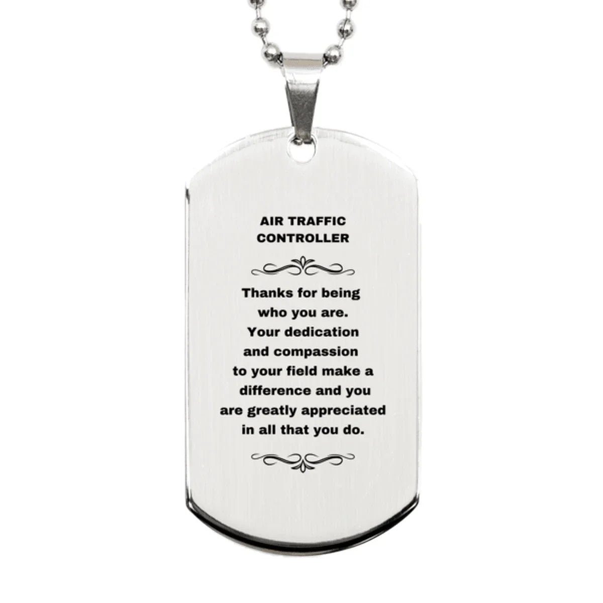 Air Traffic Controller Silver Dog Tag Necklace – Laser Engraved Stainless Steel Pendant with Appreciation Message – Durable, Tarnish-Resistant Jewelry Gift for Aviation Professionals
