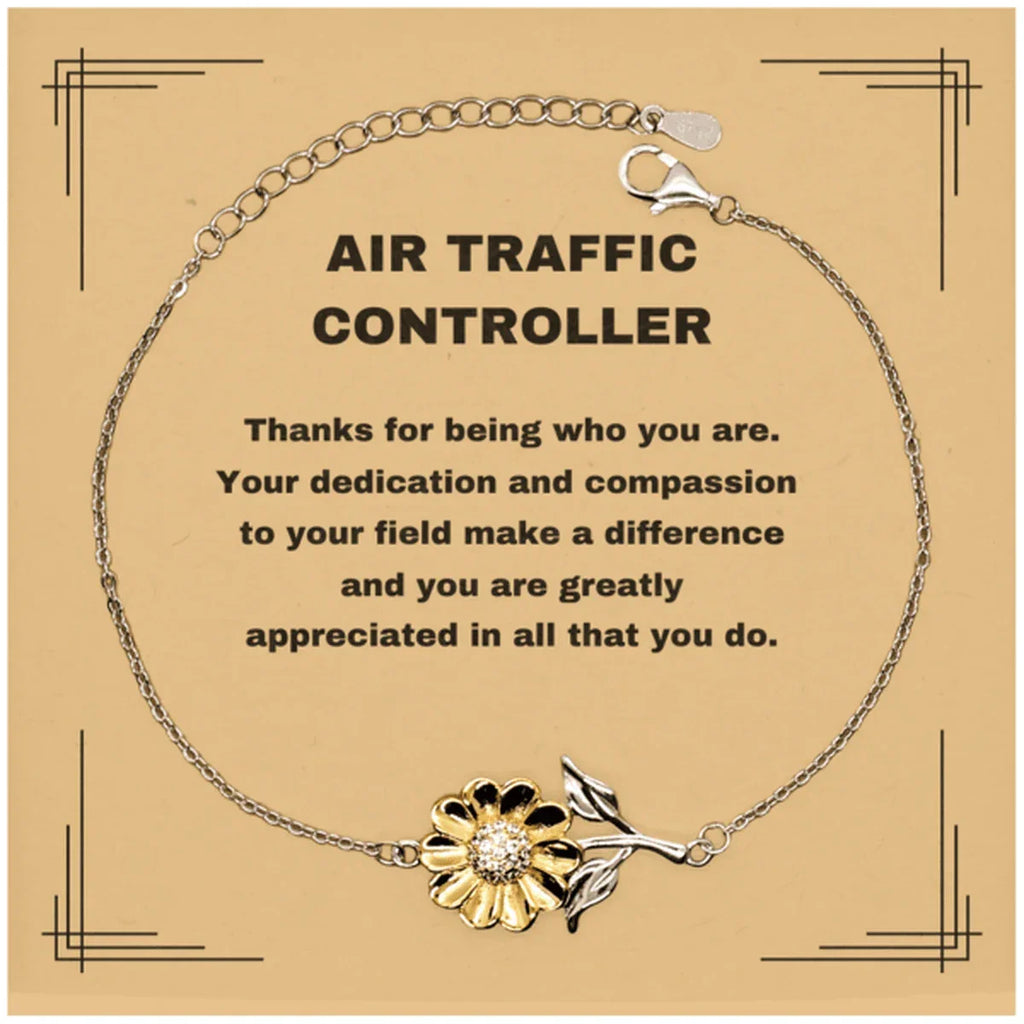 Air Traffic Controller Sunflower Bracelet – 925 Sterling Silver with 18K Gold-Plated Petals – Thoughtful Appreciation Gift for Women