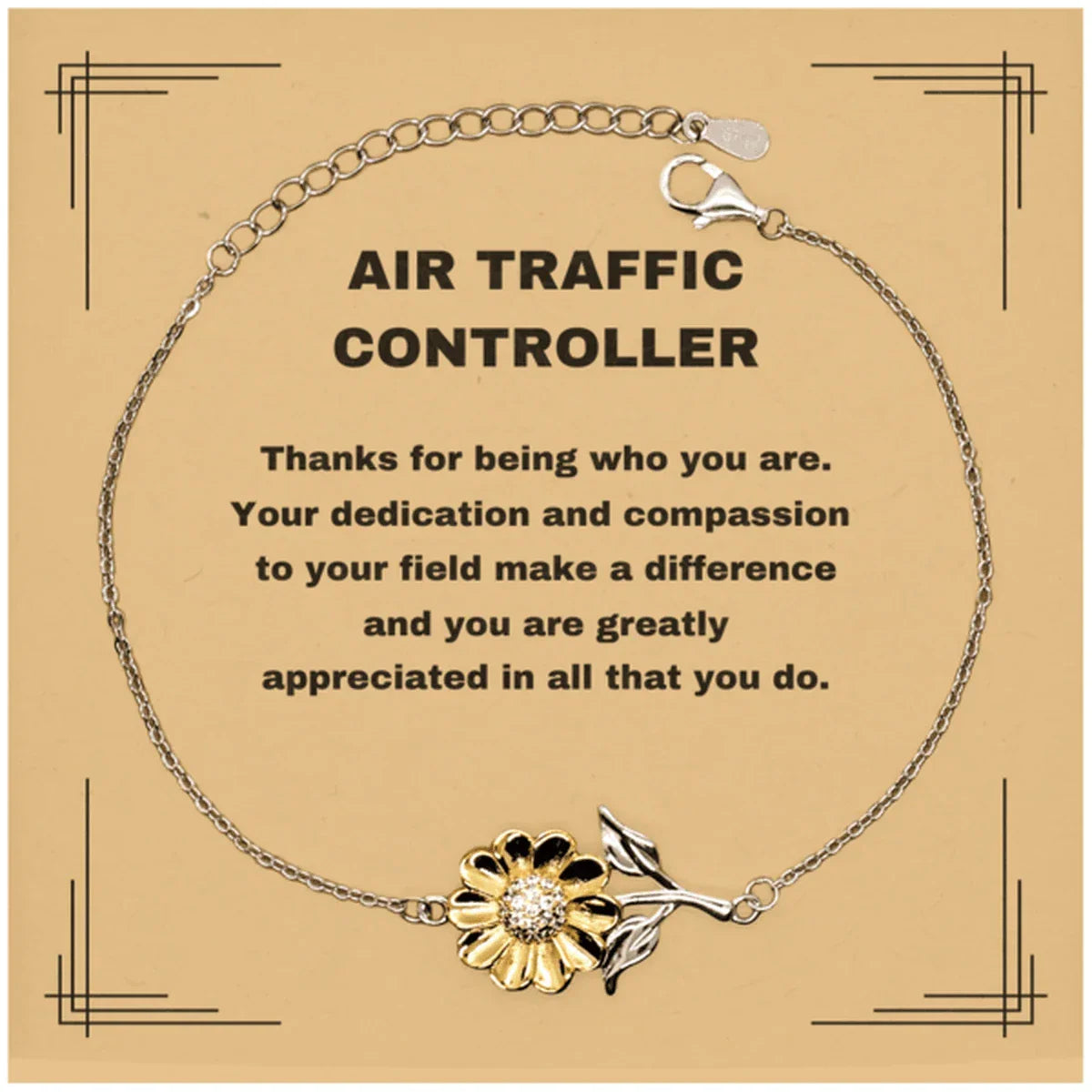 Air Traffic Controller Sunflower Bracelet – 925 Sterling Silver with 18K Gold-Plated Petals – Thoughtful Appreciation Gift for Women