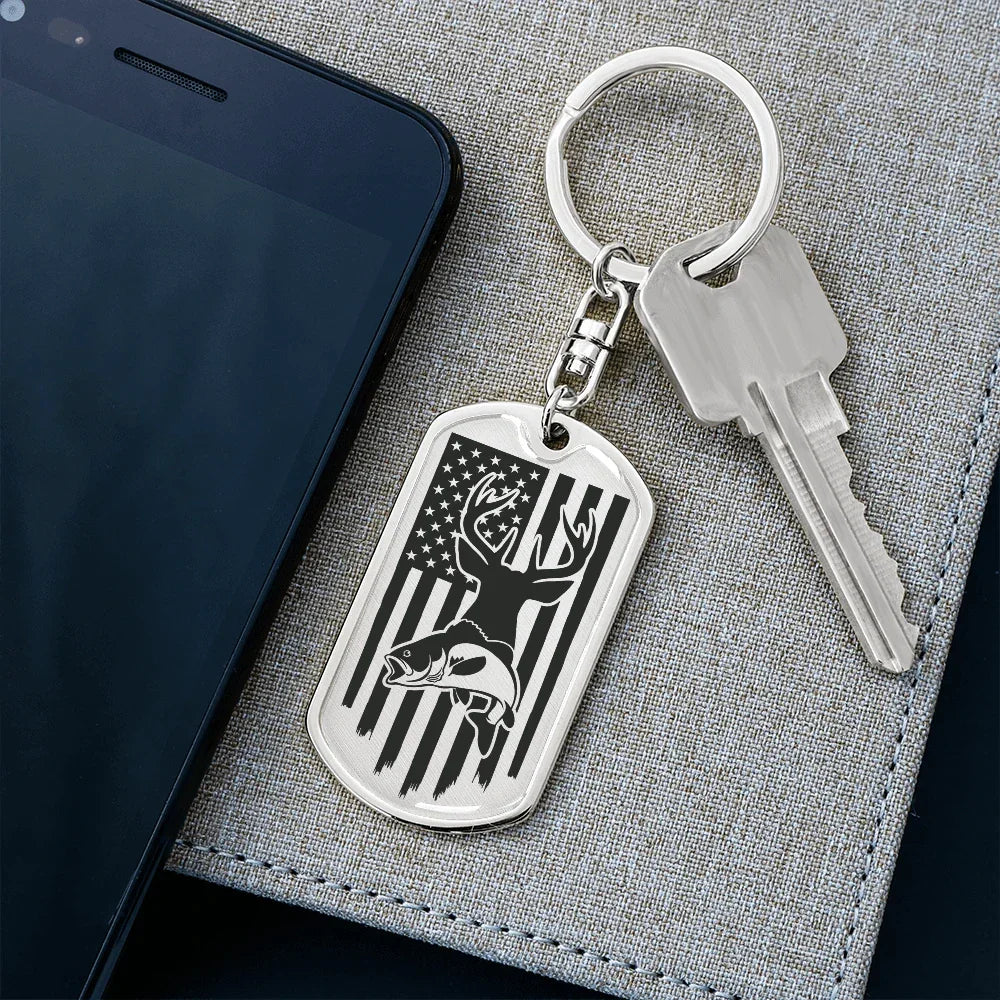 Hunting and Fishing Distressed American Flag Custom Engraved Keychain