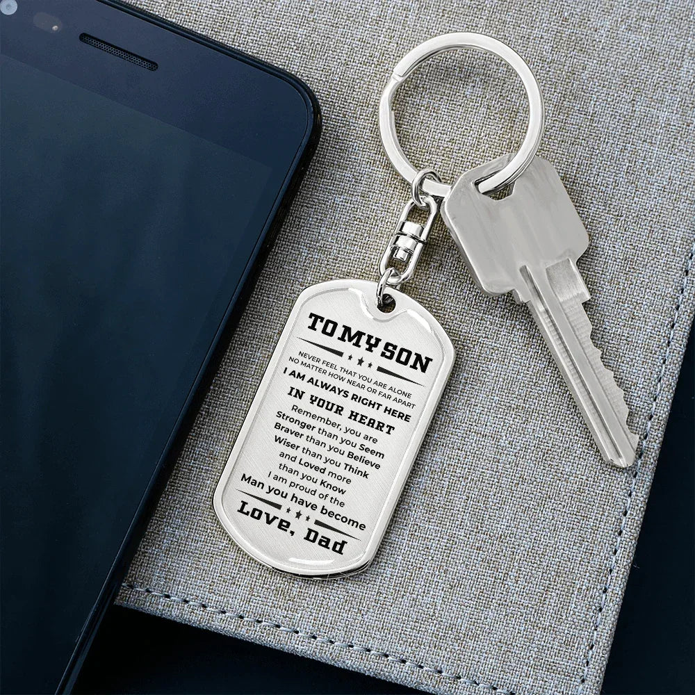 Gift for Adult Son from Dad Engraved Military Style Dog Tag Keychain