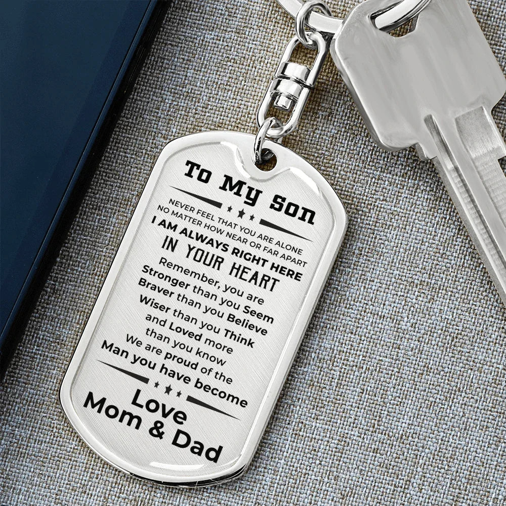 Gift for Adult Son Military Dog Tag Style Engraved Keychain Mom and Dad