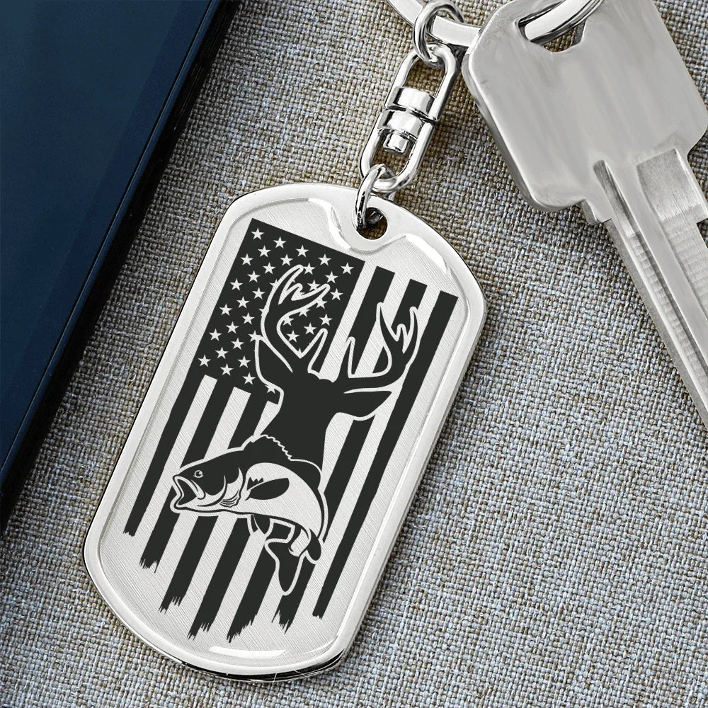 Hunting and Fishing Distressed American Flag Custom Engraved Keychain