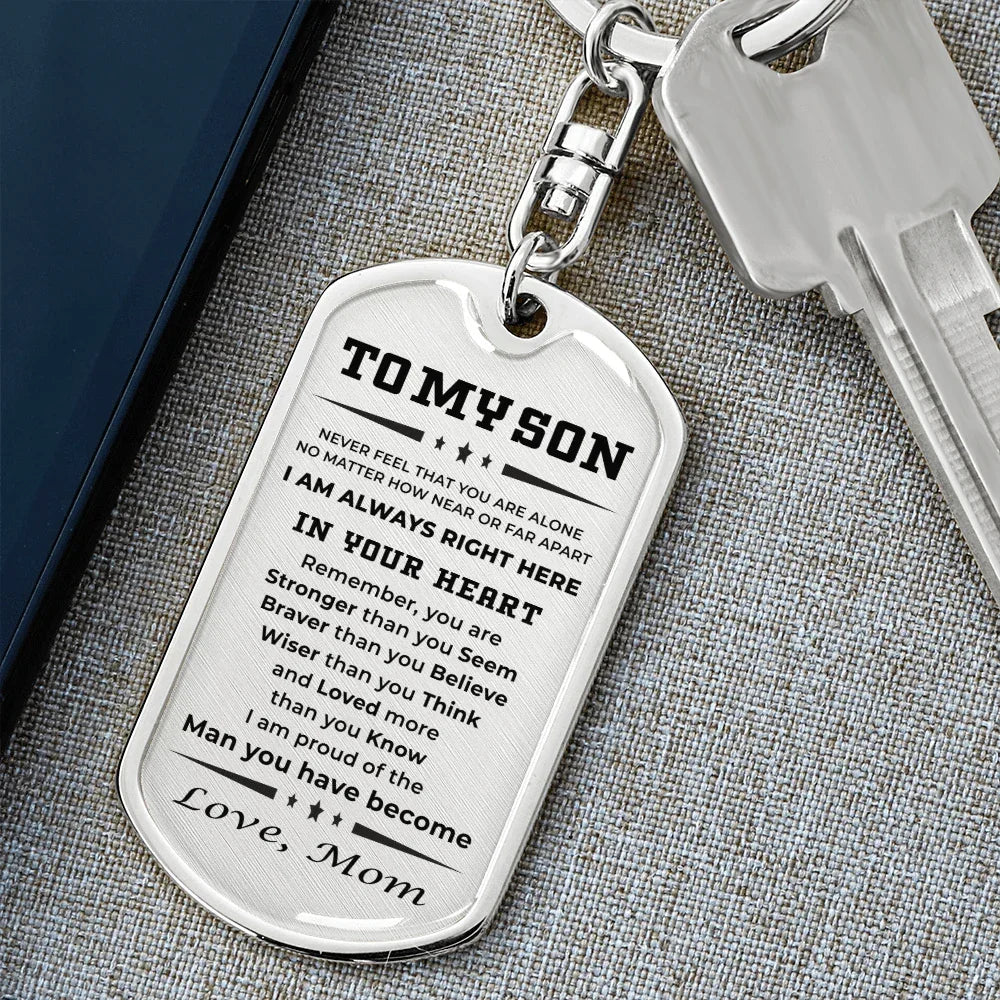 Gift for Adult Son Love Mom Military Style Dog Tag Engraved Keychain