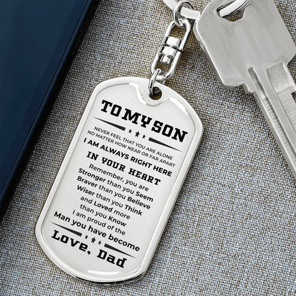 Gift for Adult Son from Dad Engraved Military Style Dog Tag Keychain