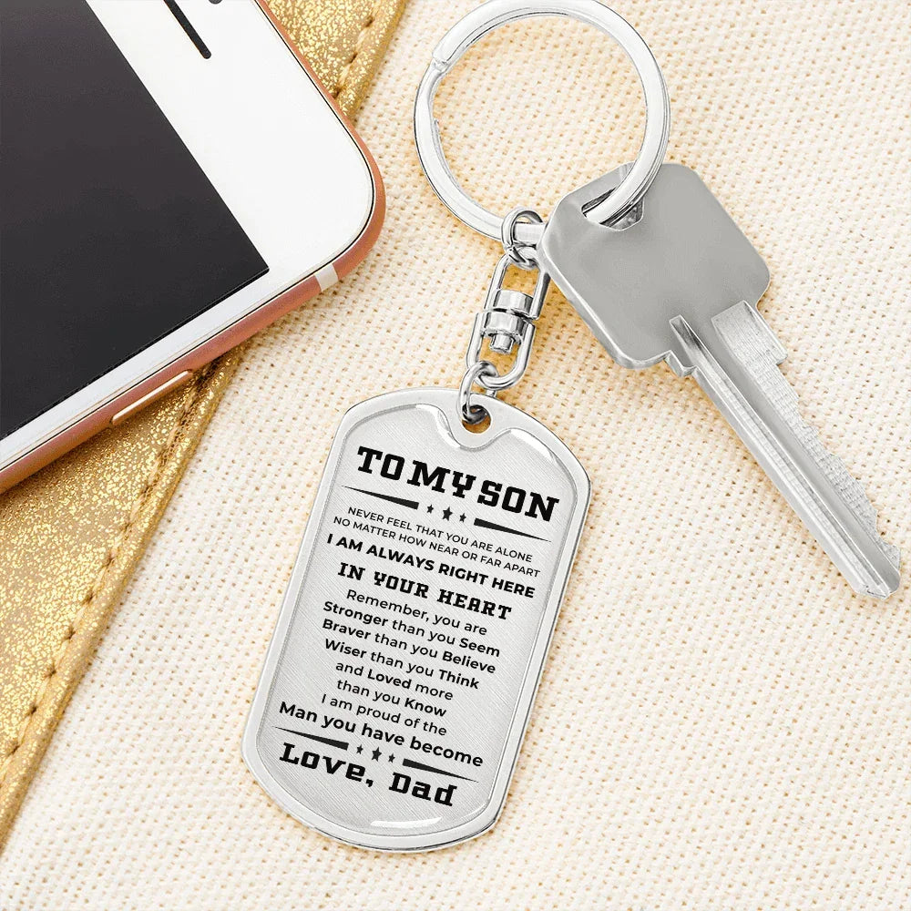 Gift for Adult Son from Dad Engraved Military Style Dog Tag Keychain