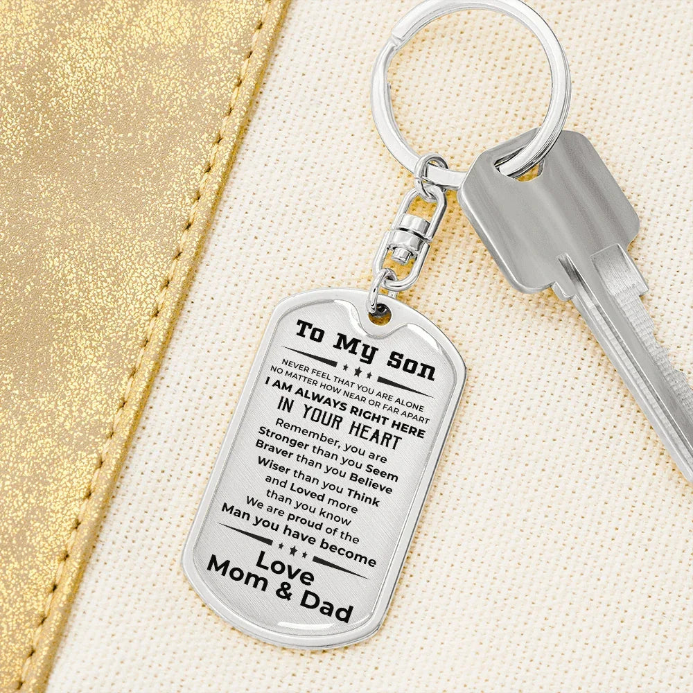 Gift for Adult Son Military Dog Tag Style Engraved Keychain Mom and Dad
