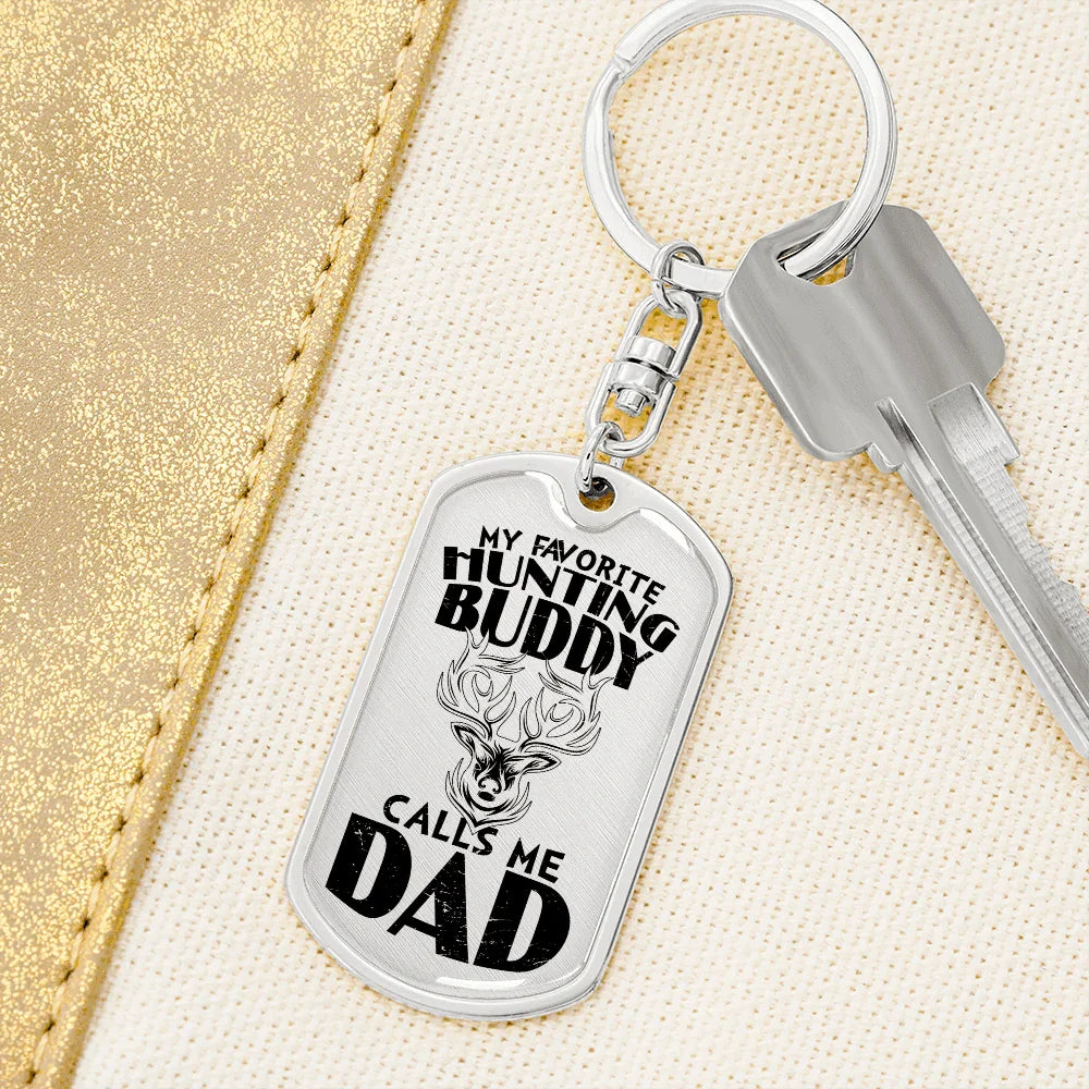 Dad Hunting Buddy Engraved Back Military Style Dog Tag Keychain