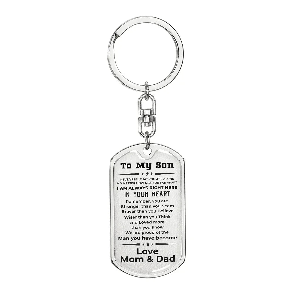 Gift for Adult Son Military Dog Tag Style Engraved Keychain Mom and Dad