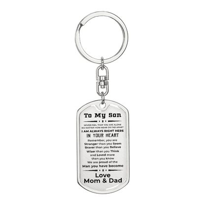 Gift for Adult Son Military Dog Tag Style Engraved Keychain Mom and Dad - Mallard Moon Gift Shop