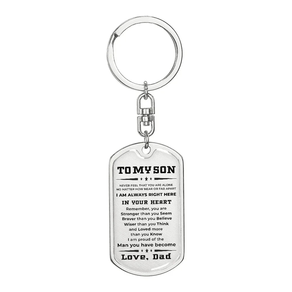 Gift for Adult Son from Dad Engraved Military Style Dog Tag Keychain
