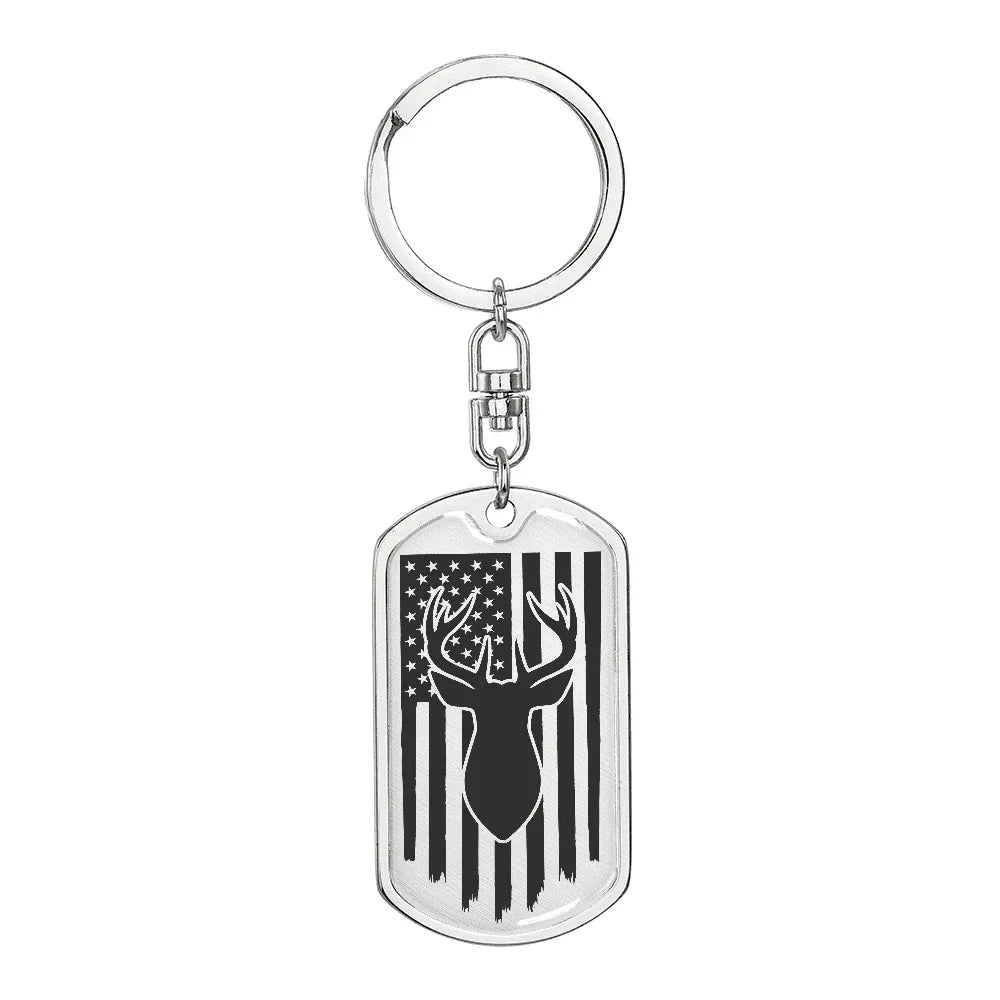 Deer Hunter American Flag Keychain Personalized Engraved Back