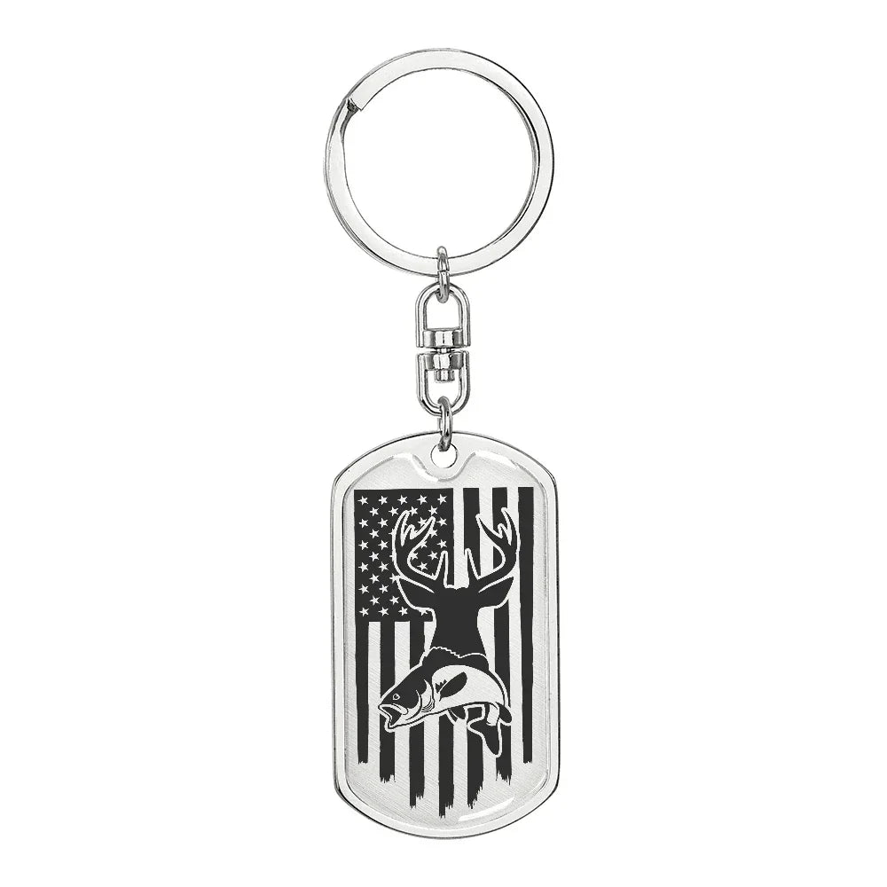 Hunting and Fishing Distressed American Flag Custom Engraved Keychain