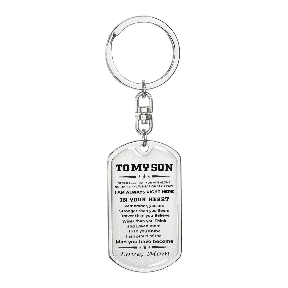 Gift for Adult Son Love Mom Military Style Dog Tag Engraved Keychain