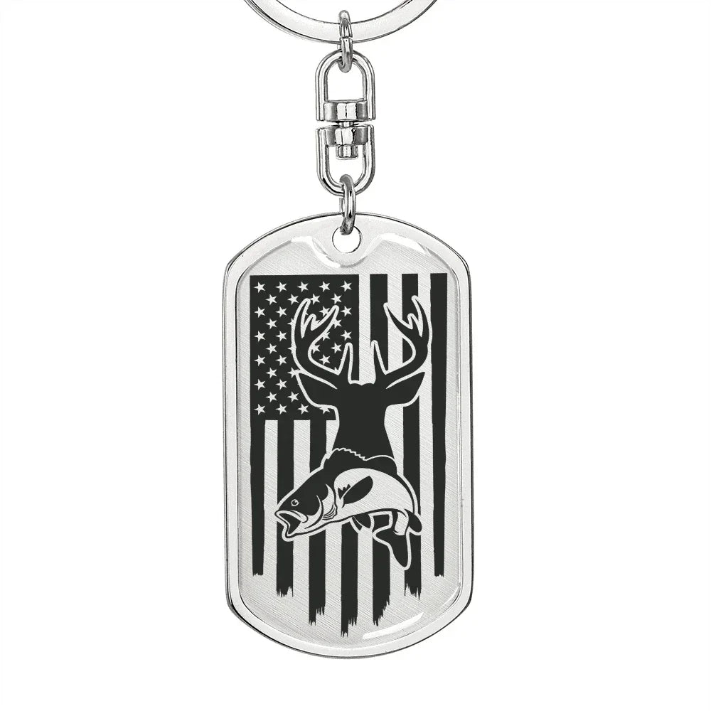 Hunting and Fishing Distressed American Flag Custom Engraved Keychain