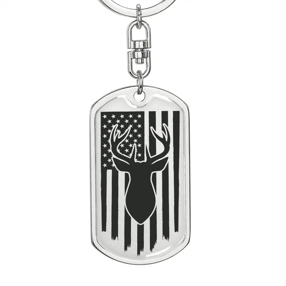 Deer Hunter American Flag Keychain Personalized Engraved Back