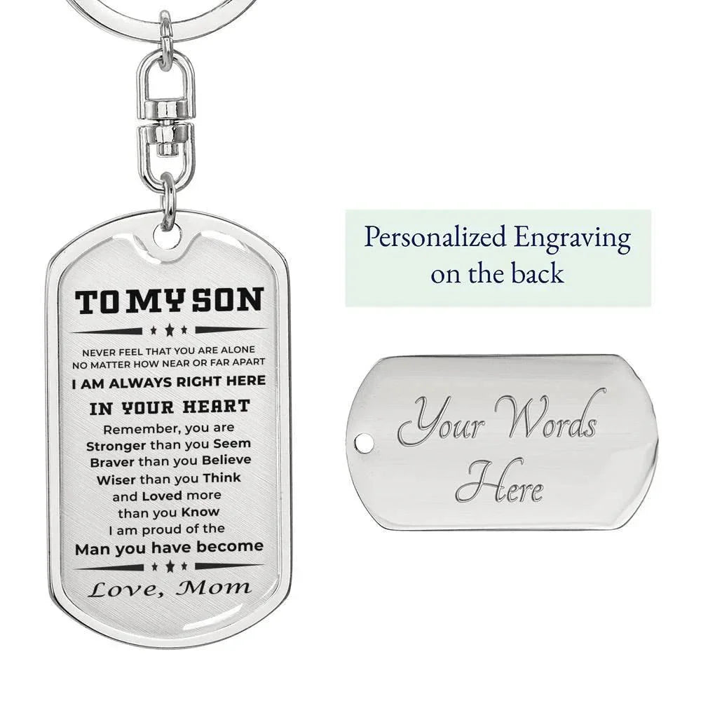 Gift for Adult Son Military Style Dog Tag Engraved Keychain Love Mom