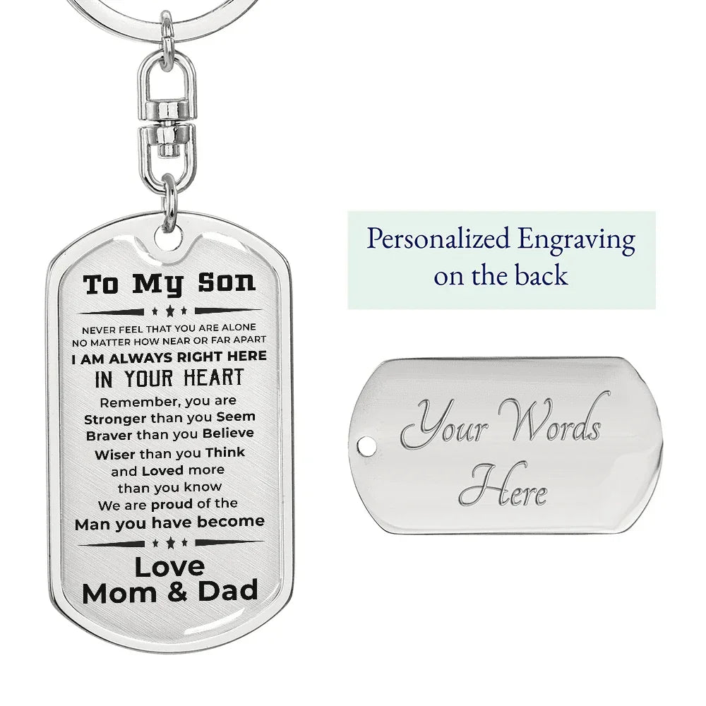 Gift for Adult Son Military Dog Tag Style Engraved Keychain Mom and Dad