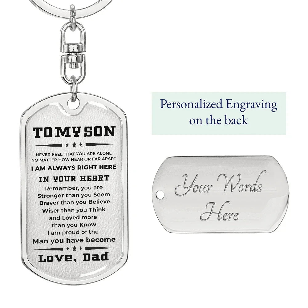 Gift for Adult Son from Dad Engraved Military Style Dog Tag Keychain