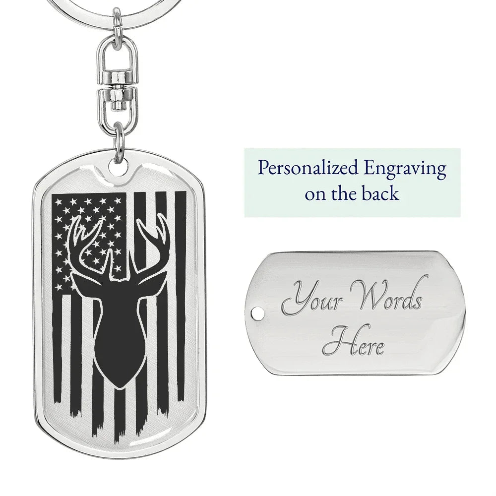 Deer Hunter American Flag Keychain Personalized Engraved Back