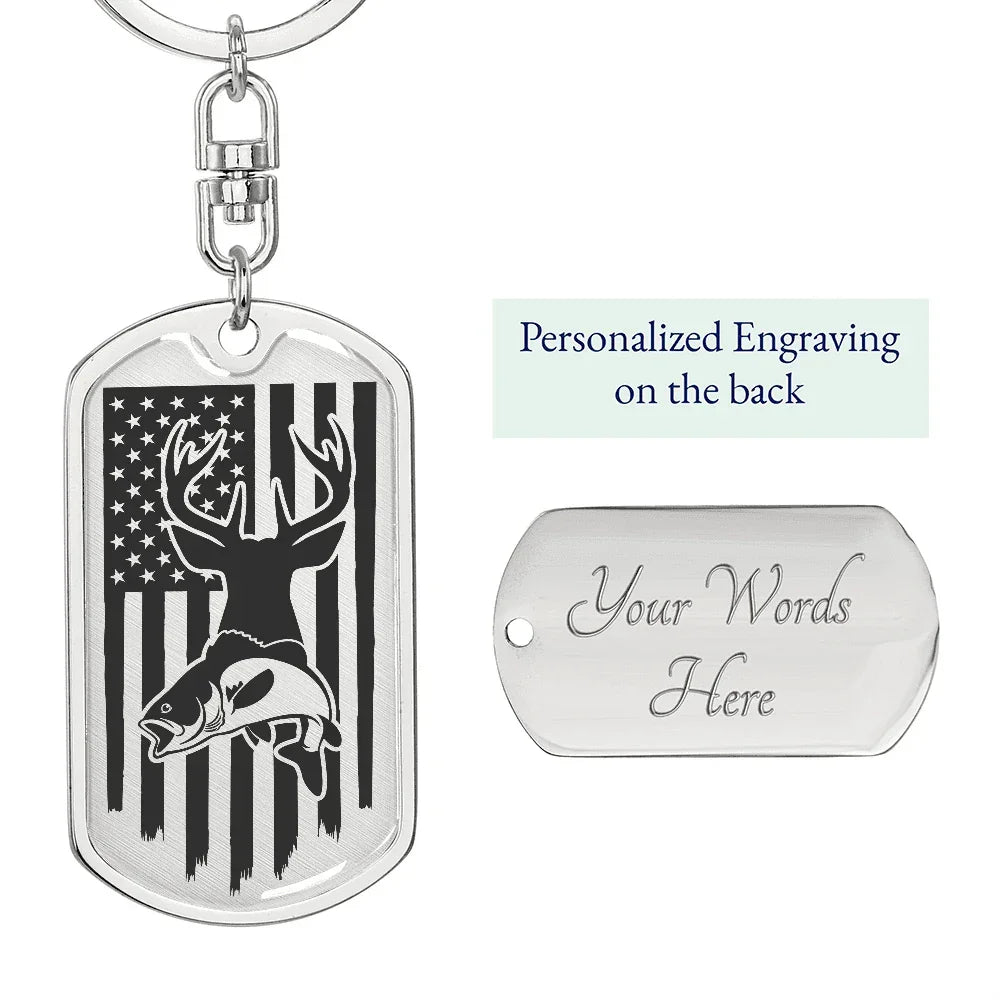 Hunting and Fishing Distressed American Flag Custom Engraved Keychain
