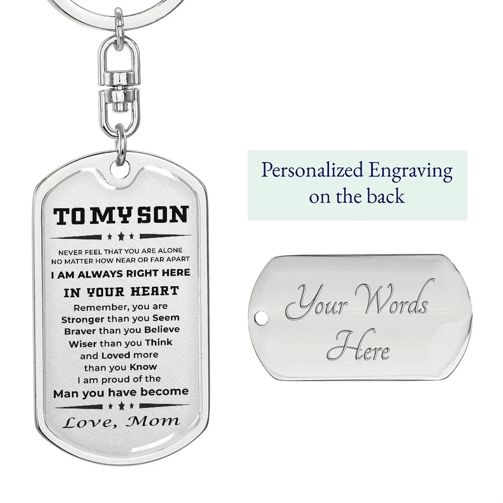 Gift for Adult Son Love Mom Military Style Dog Tag Engraved Keychain