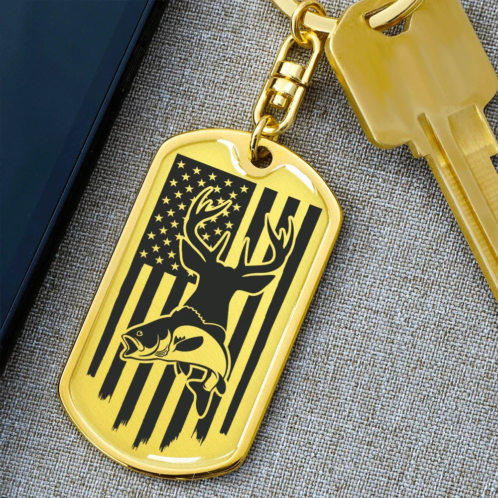 Hunting and Fishing Distressed American Flag Custom Engraved Keychain