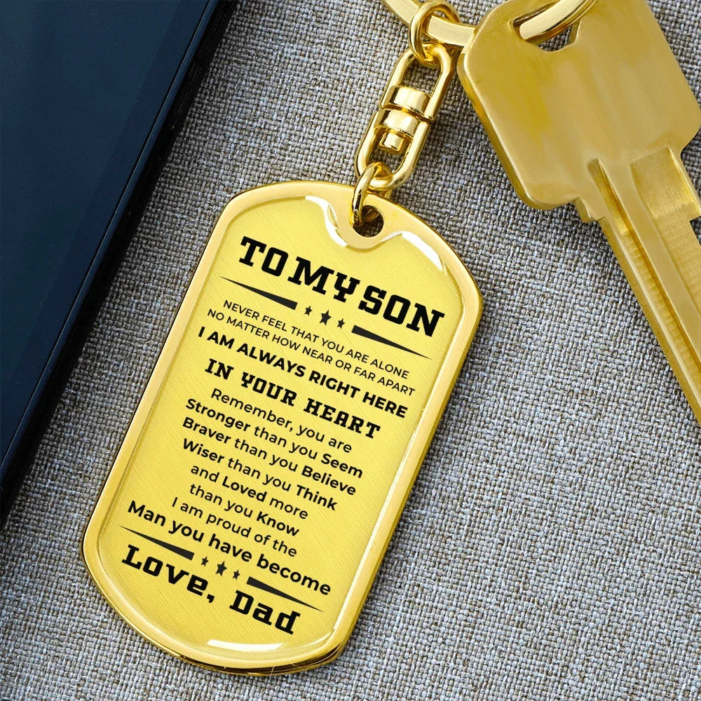 Gift for Adult Son from Dad Engraved Military Style Dog Tag Keychain
